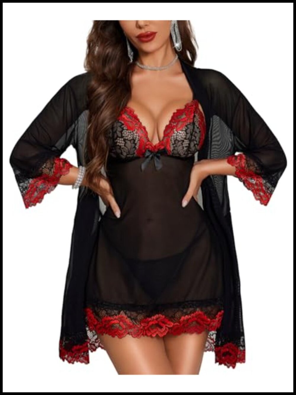 Women 3 Piece Lace Babydoll Mesh Robe Thong Set Sleepwear